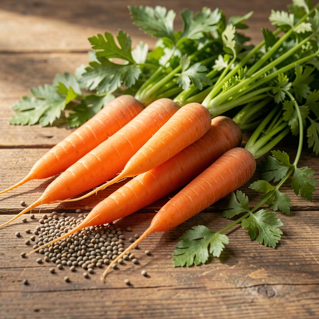 Zanahorias, semillas y hojas verdes sobre una mesa de madera con luz natural