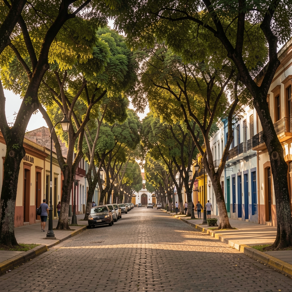 Calle arbolada de Cali con arquitectura urbana y luz de la tarde