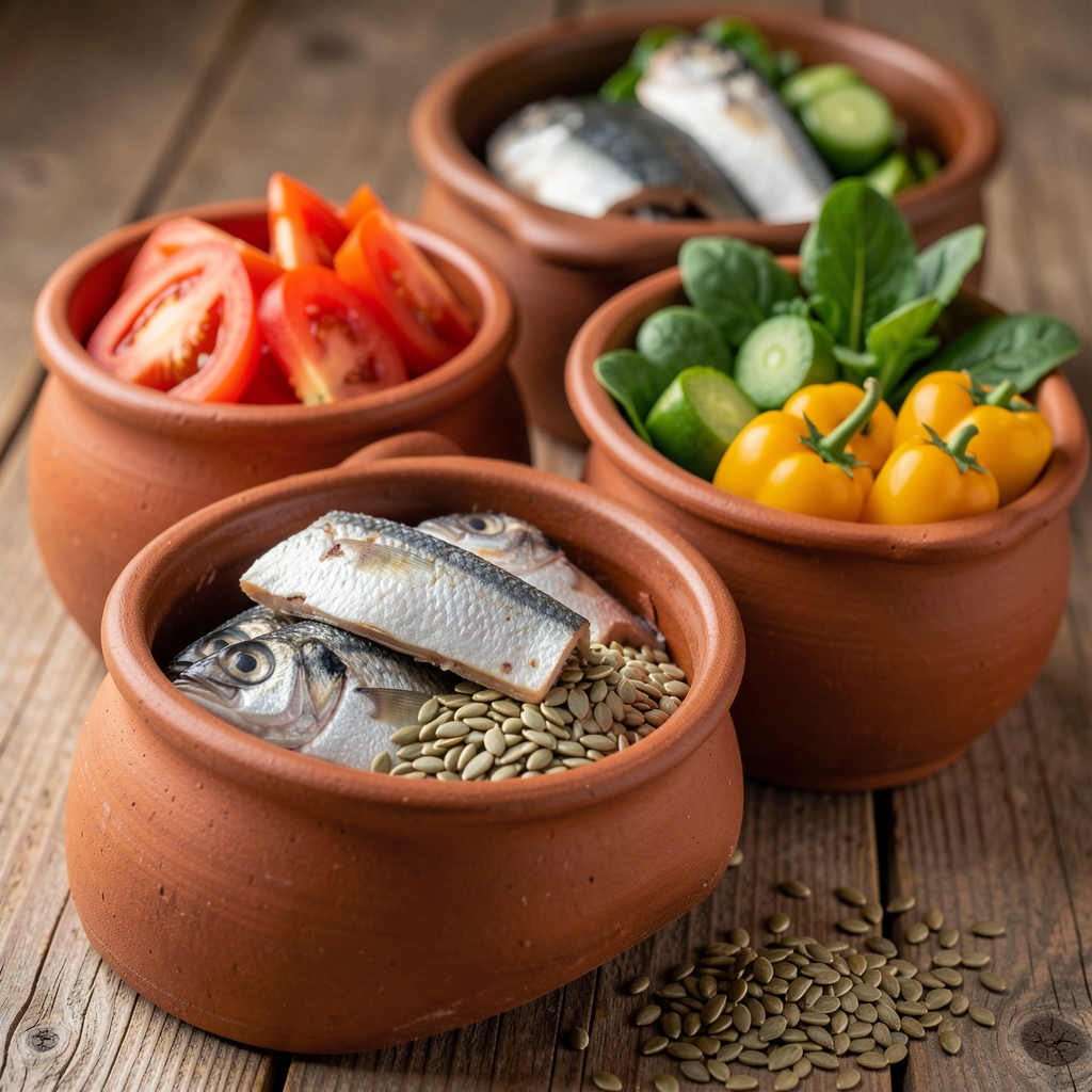 Ingredientes coloridos como pescado, vegetales y semillas en recipientes de cerámica