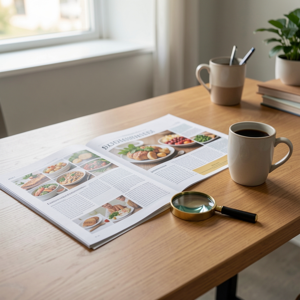 Escritorio editorial con artículos impresos sobre nutrición, una lupa y una taza de café