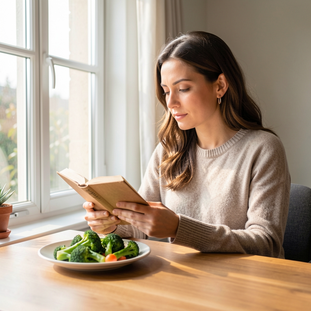 Persona adulta leyendo junto a una ventana luminosa con un plato de vegetales verdes sobre la mesa