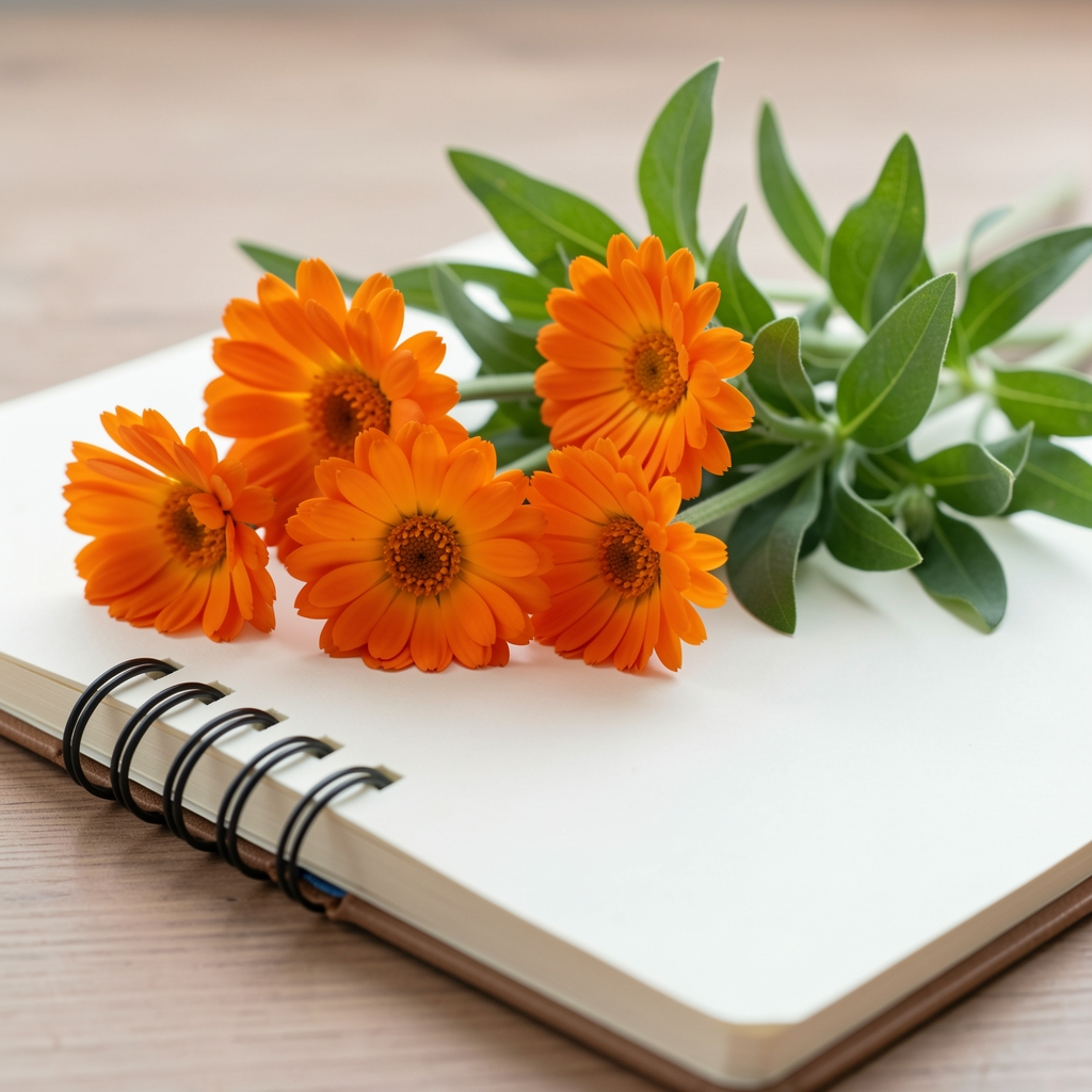 Flores de caléndula anaranjadas y hojas verdes dispuestas junto a un cuaderno de notas