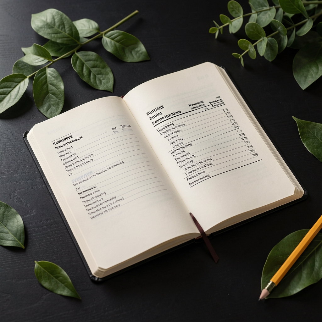 Cuaderno abierto con referencias nutricionales, lápiz y hojas verdes sobre escritorio oscuro