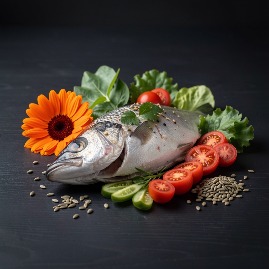 Composición de pescado, caléndula, vegetales y semillas en una mesa editorial oscura