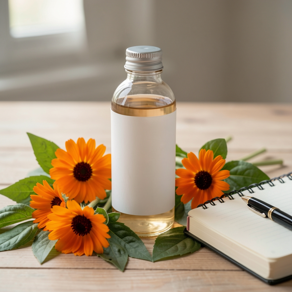 Frasco editorial de suplemento junto a flores de caléndula, hojas verdes y una libreta