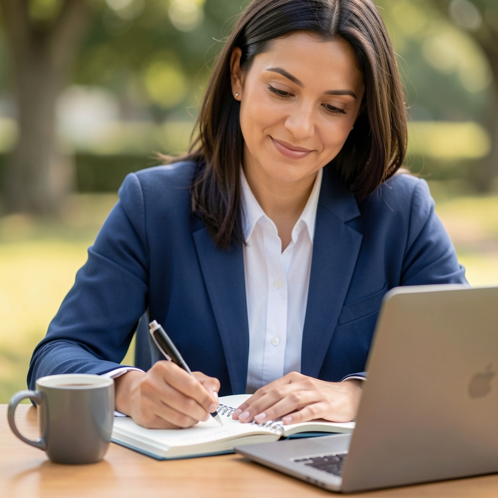Redactor de salud escribiendo notas en un cuaderno junto a una taza de café y una laptop