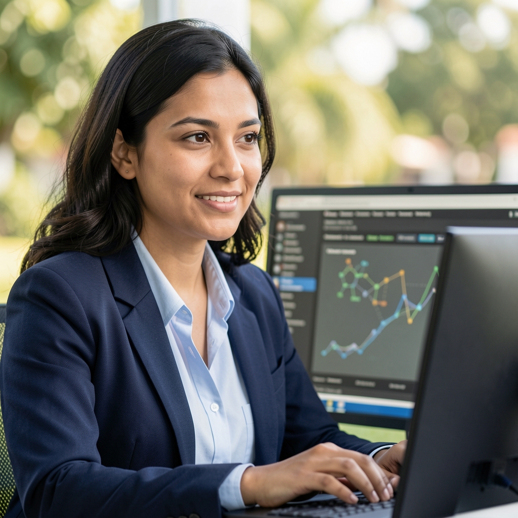 Investigadora consultando bases de datos científicas en una pantalla de computador